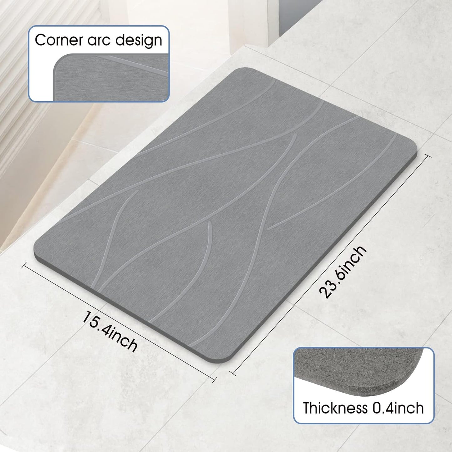 Stone Bath Mat Diatomaceous Earth Shower Mat Non-Slip Super Absorbent Diatomite Stone Bath Mats for Bathroom Floor Quick Drying Natural Easy to Clean(23.6''×15.4" Gray)