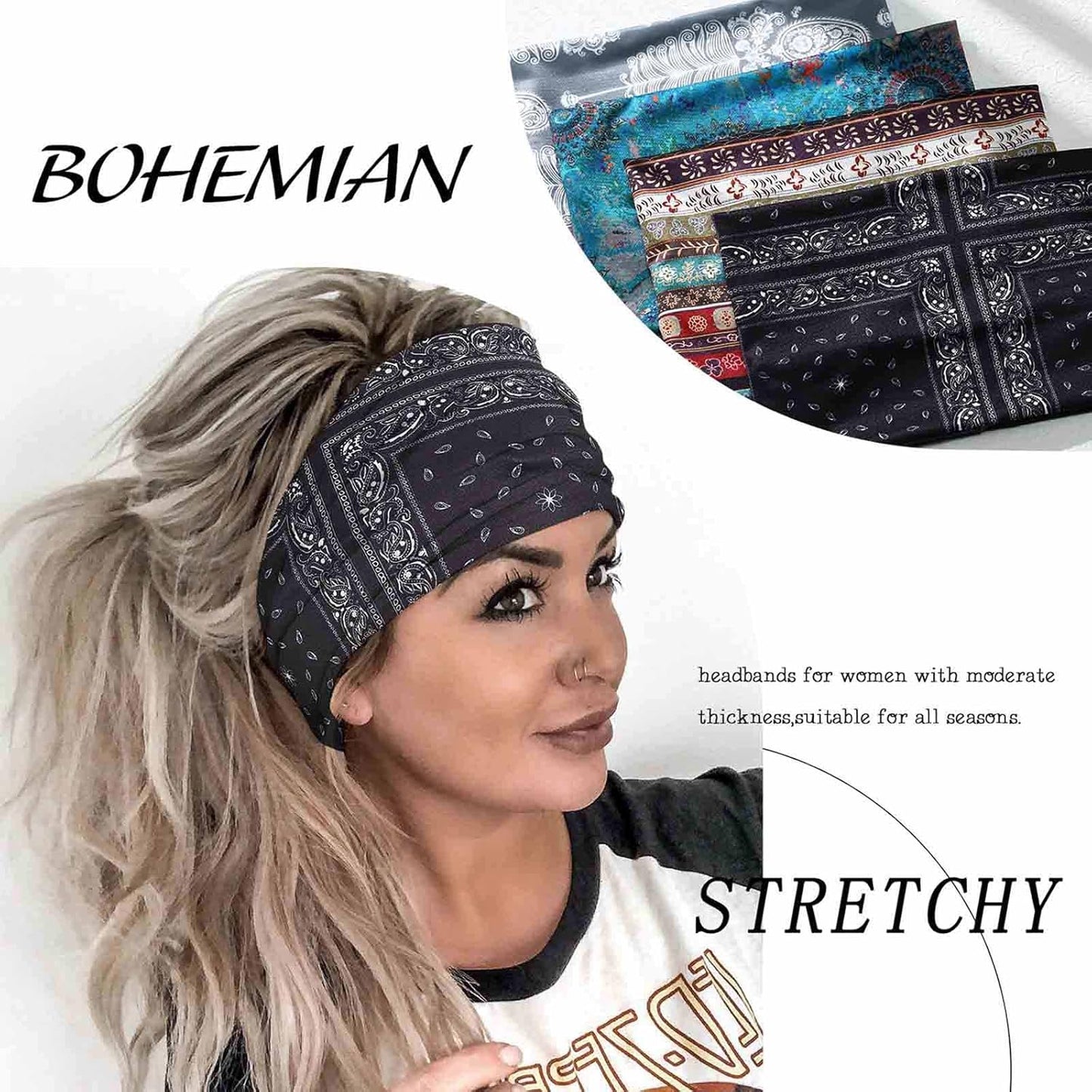 Olbye Wide Headbands, Boho Headbands for Women, Workout Yoga Hair Scarfs Running Sweatband, Hair Accessories for Women Girls (E- Stylish, Pack of 4)