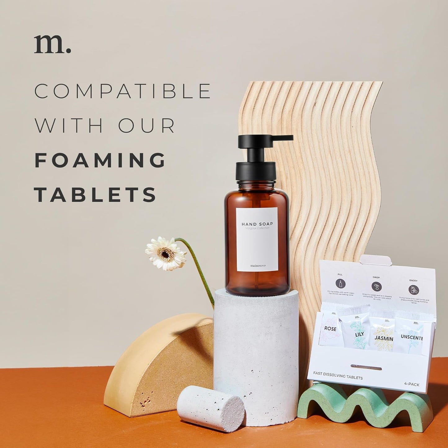 MaisoNovo Glass Foaming Hand Soap Dispenser 14 Oz | Amber Foaming Soap Dispenser Black Plastic Pump x 1 w/Labels