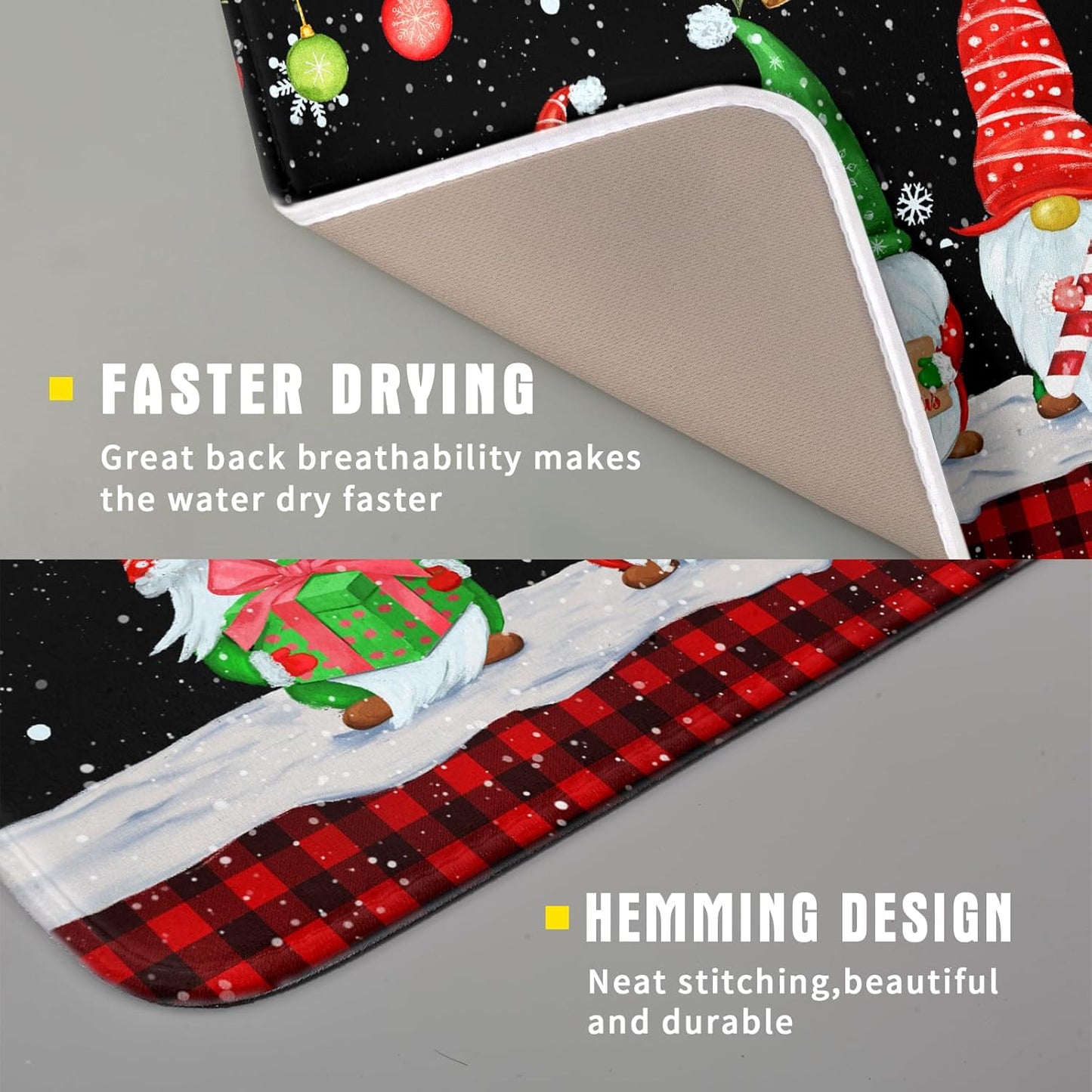 Merry Christmas Dish Drying Mat Black Gnomes Dish Drainer Mats 16x18 Inch Holiday Decorative Absorbent Dishes Pad for Kitchen Counter Sink