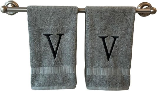 Gray Initial Hand Towel for Bathroom - Monogrammed Luxury Hotel Quality Decorative Embroidered Towel for Powder Room, Spa - GOTS Organic Certified - Set of 2 Black Letter V