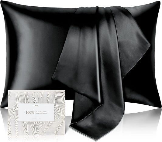 100% Pure Mulberry Silk Pillowcase for Hair and Skin - Allergen Resistant Dual Sides,600 Thread Count Silk Bed Pillow Cases with Hidden Zipper,1pc,Queen Size,Black