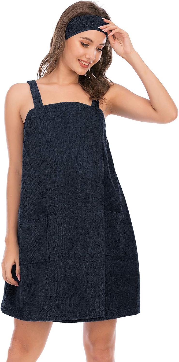 Veseacky Women Bath Wrap Towel for Womens Shower with Pocket Adjustable Spa Robe & Facial Headband