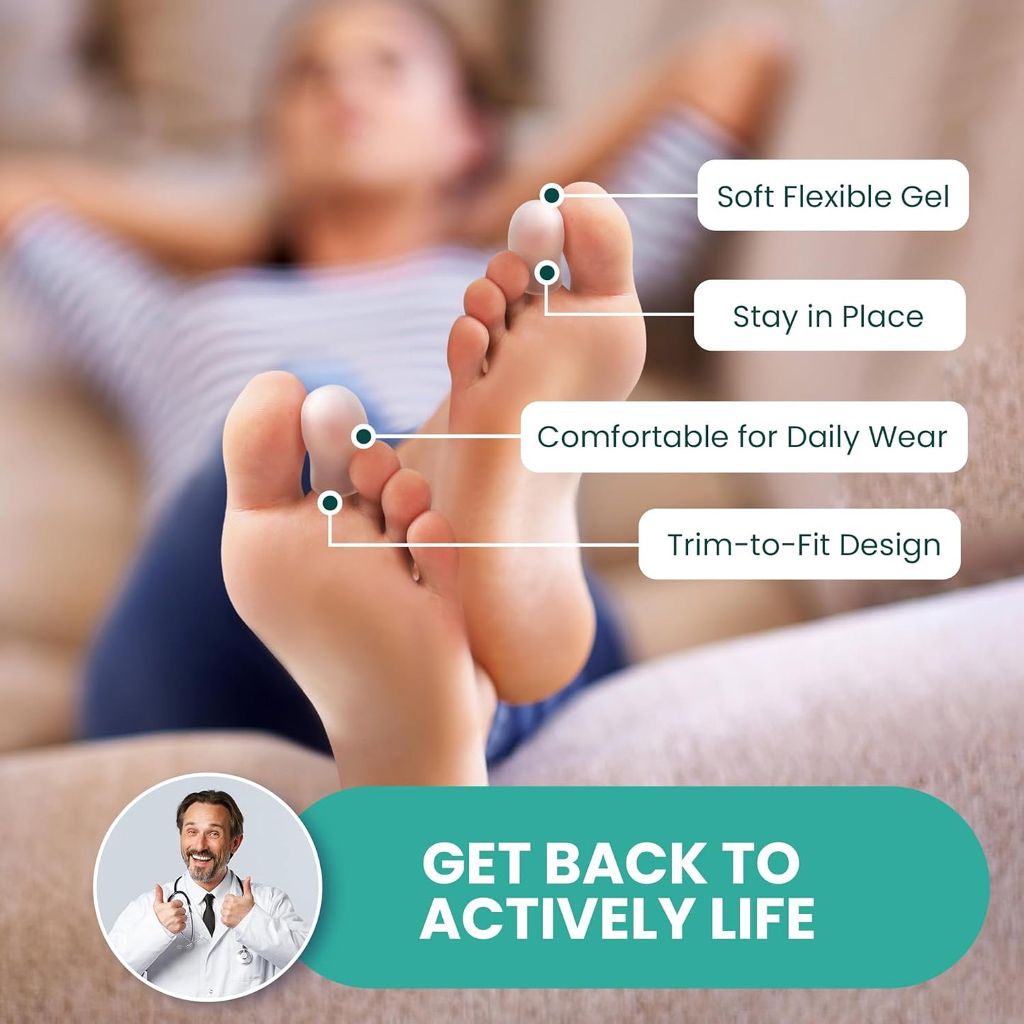 Welnove Gel Toe Cap and Protector - Silicone Toe Covers - Toe Cushions for Pain Relief, Missing or Ingrown Toenails, Corns, Calluses, Blisters - Infused Aloe Vera Extract (8 Medium, Clear)