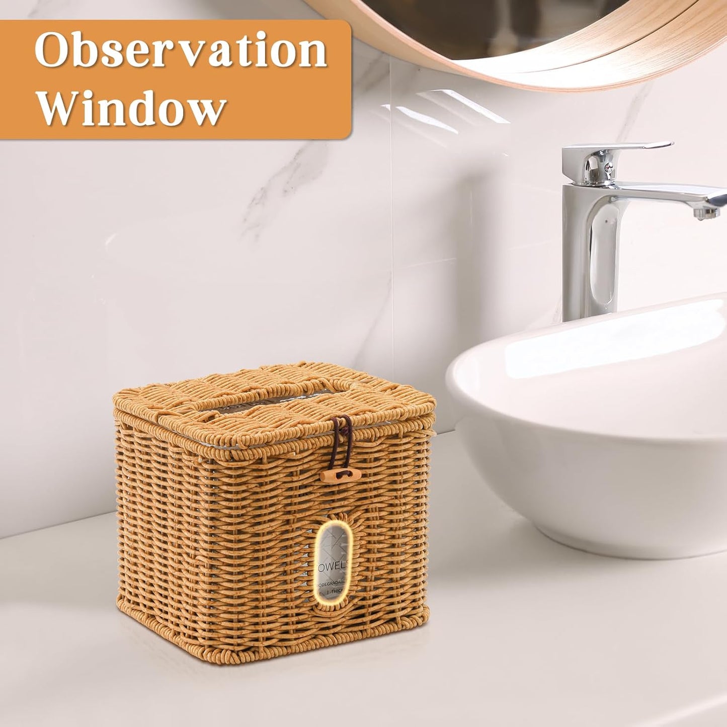 Facial Clean Skin Club Face Towels Holder for Bathroom, Plastic Rattan Disposable Face Towel Holder, Farmhouse Style for XL Face Towels Box Basket with Lid, Brown