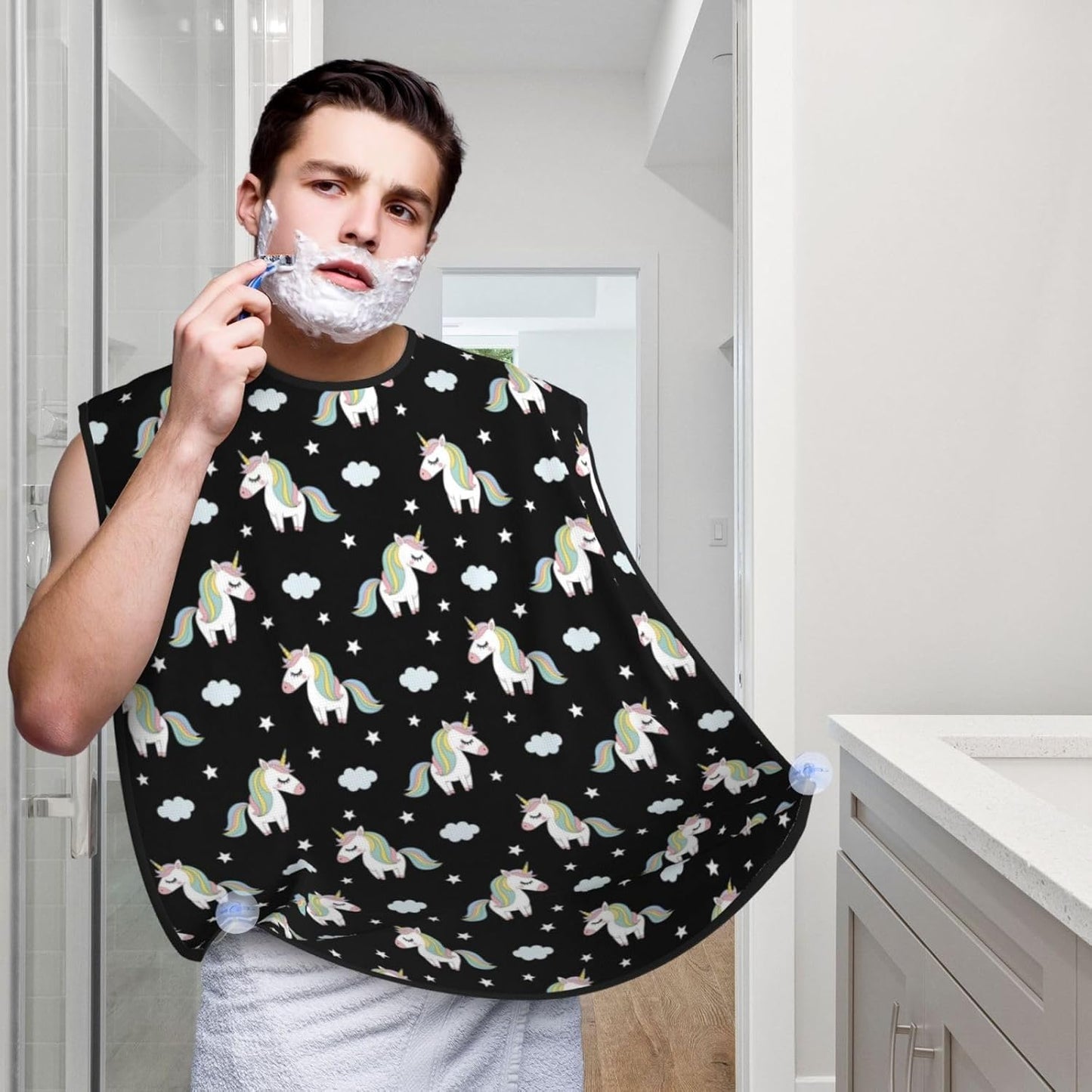 Men's Shaving Accessory Rainbow Unicorn Star Black, Waterproof Beard Apron with Hair Catcher & Suction Cups