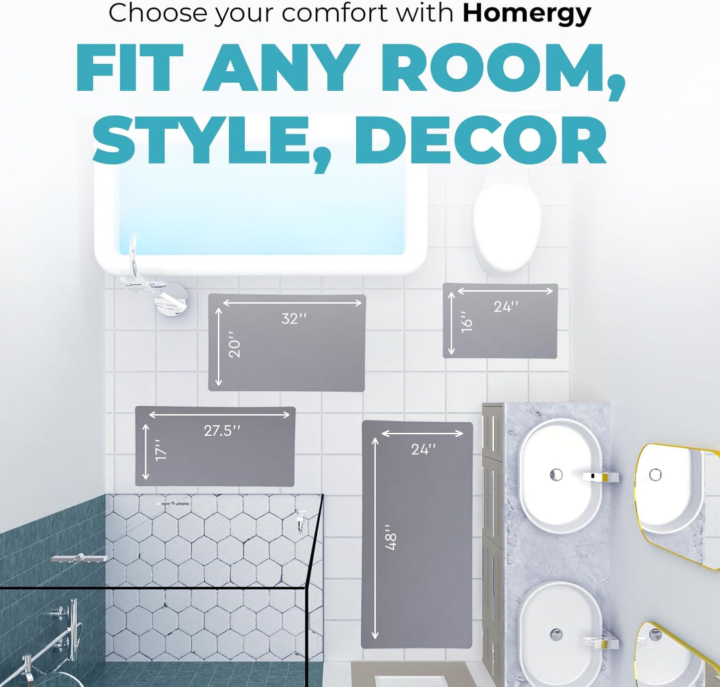 Homergy Bath Mat – Super‑Absorbent & Quick‑Dry with Non‑Slip Rubber Backing, Machine Washable & Odor Resistant – 24x48 in, Gray