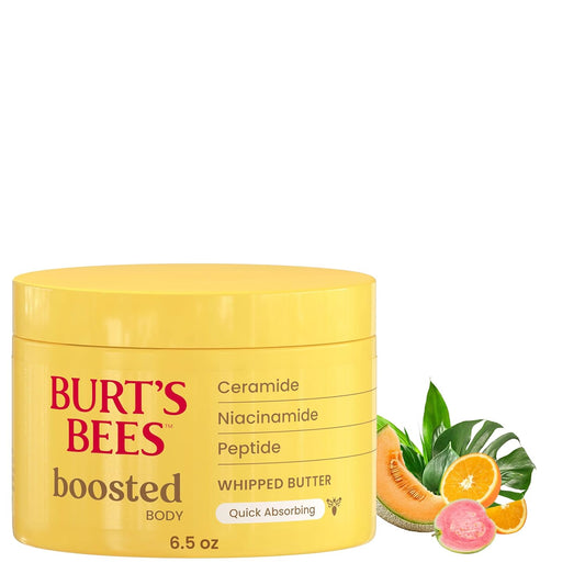 Burt's Bees Boosted Body Whipped Butter With a Ceramide, Niacinamide and Peptide Complex, Quick-Absorbing Body Butter Helps Support Skin Barrier, Tropical Scented, 6.5 oz. Jar