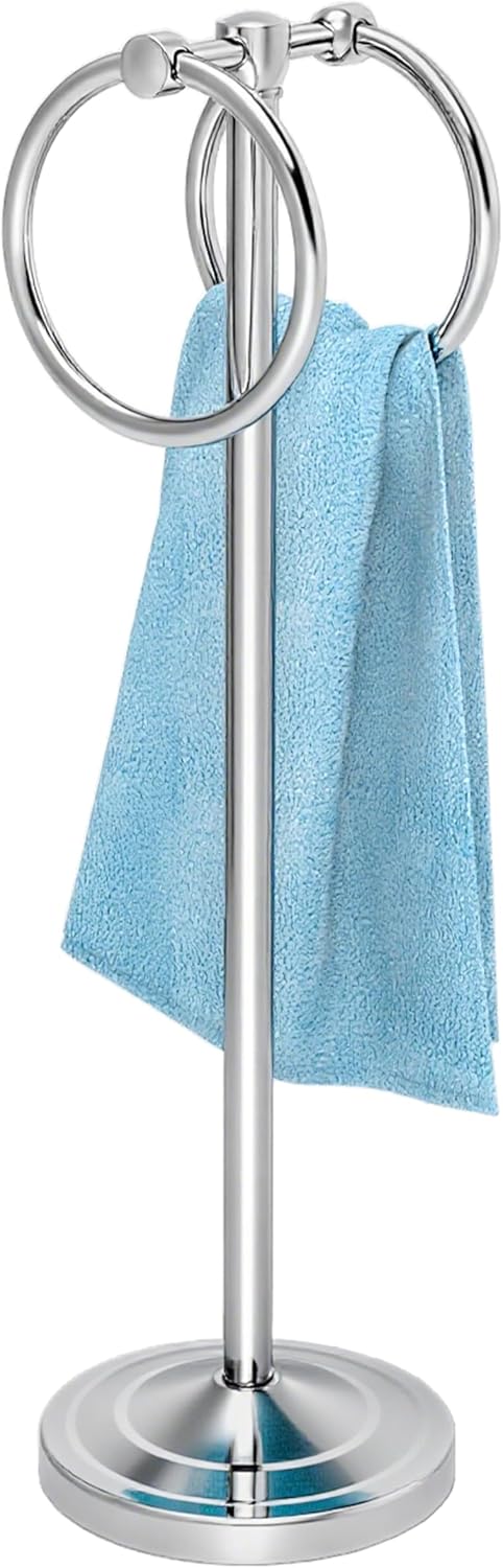Hand Towel Holder Stand, SUS304 Stainless Steel Weighted Hand Towel Stand for Bathroom Kitchen Countertop Towel Stand with Double Stand Hand Towel Ring Total Height 18"(Chrome)