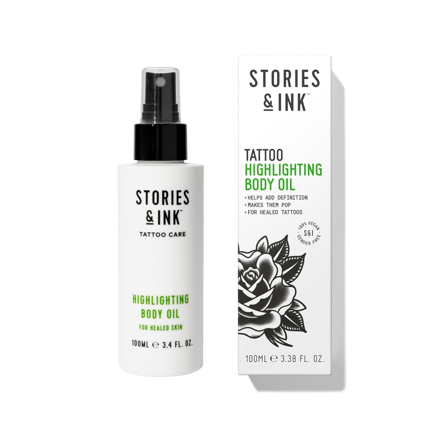 Stories & Ink Tattoo Care | HIGHLIGHTING BODY OIL for healed skin - Refreshes Faded Tattoos for Instant Tattoo Glow, 100 mL / 3.4 Fl Oz