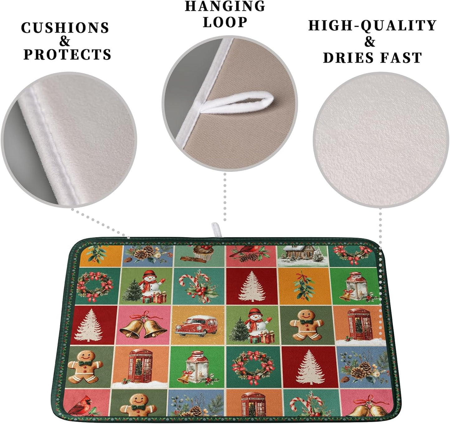 Christmas Dish Drying Mats for Kitchen Counter Cute Xmas Holiday Dish Drainer Pad Microfiber Absorbent Winter Dish Draining Mat Washable Dish Drainer Rack Mat Extra Large 18x24 Inch