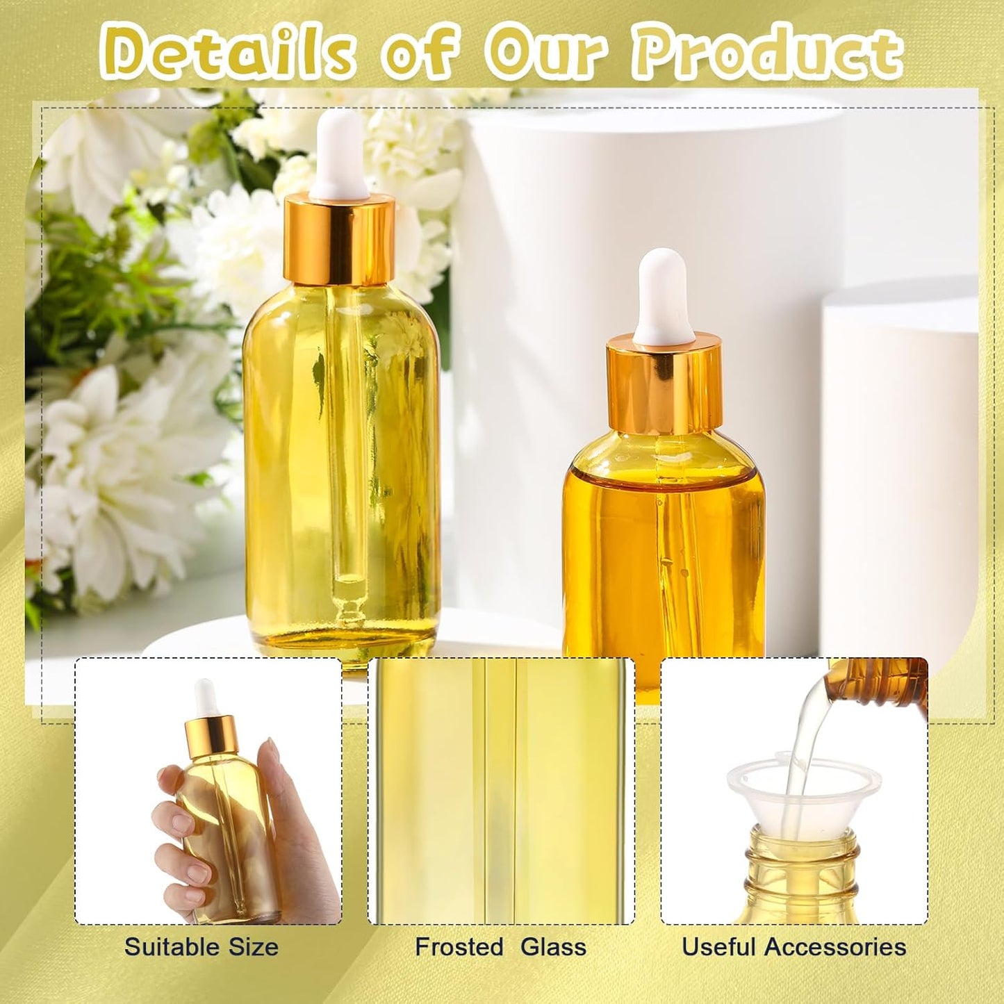 Dandat 50 Pack 4 oz Glass Dropper Bottles Leakproof 120 ml Glass Tincture Bottles with Eye Droppers, 4 Funnels, 54 Labels for Essential Oil Perfumes Hair Oil(Yellow)