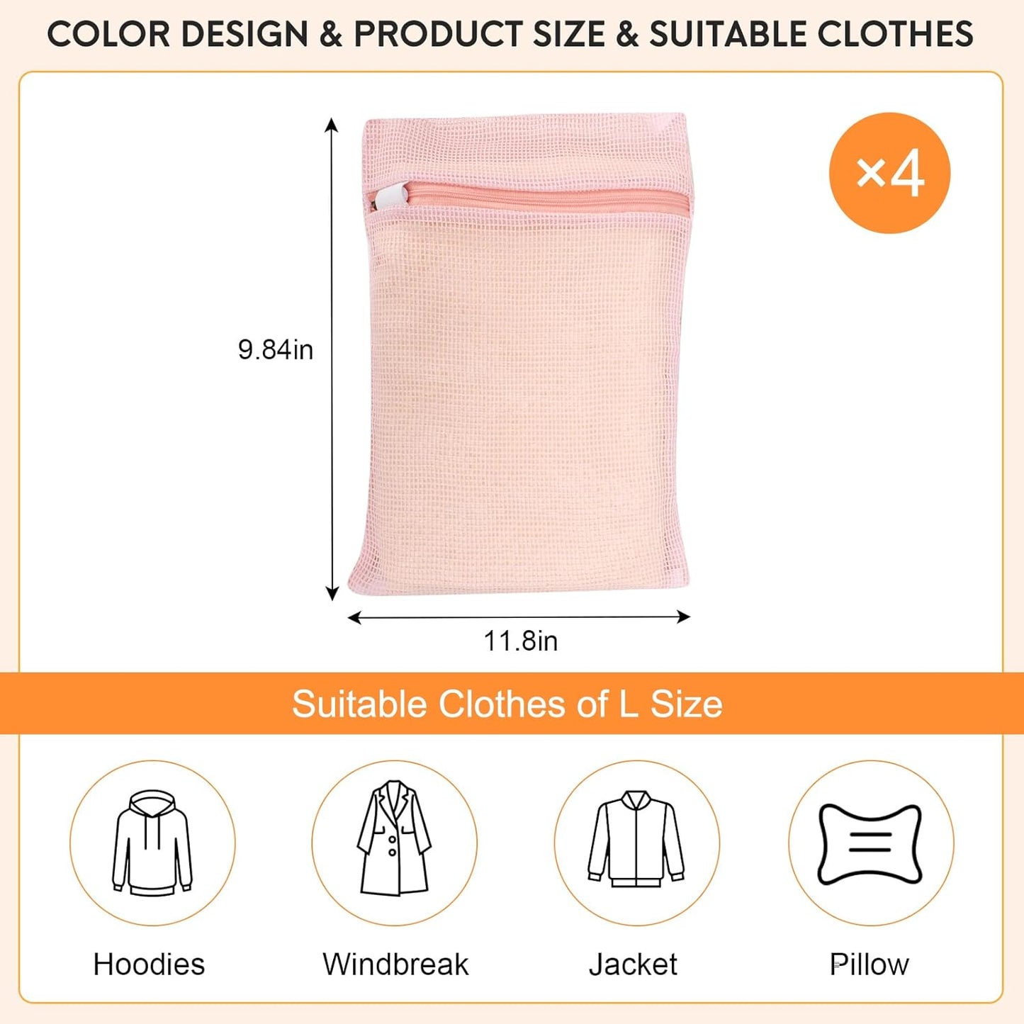 4 Piece Pink Small, Durable Organic Cotton Mesh Laundry Bag with Strong Zipper and Breathable Mesh, Delicate Laundry Bag for Underwear, Clothes, Pants and Socks