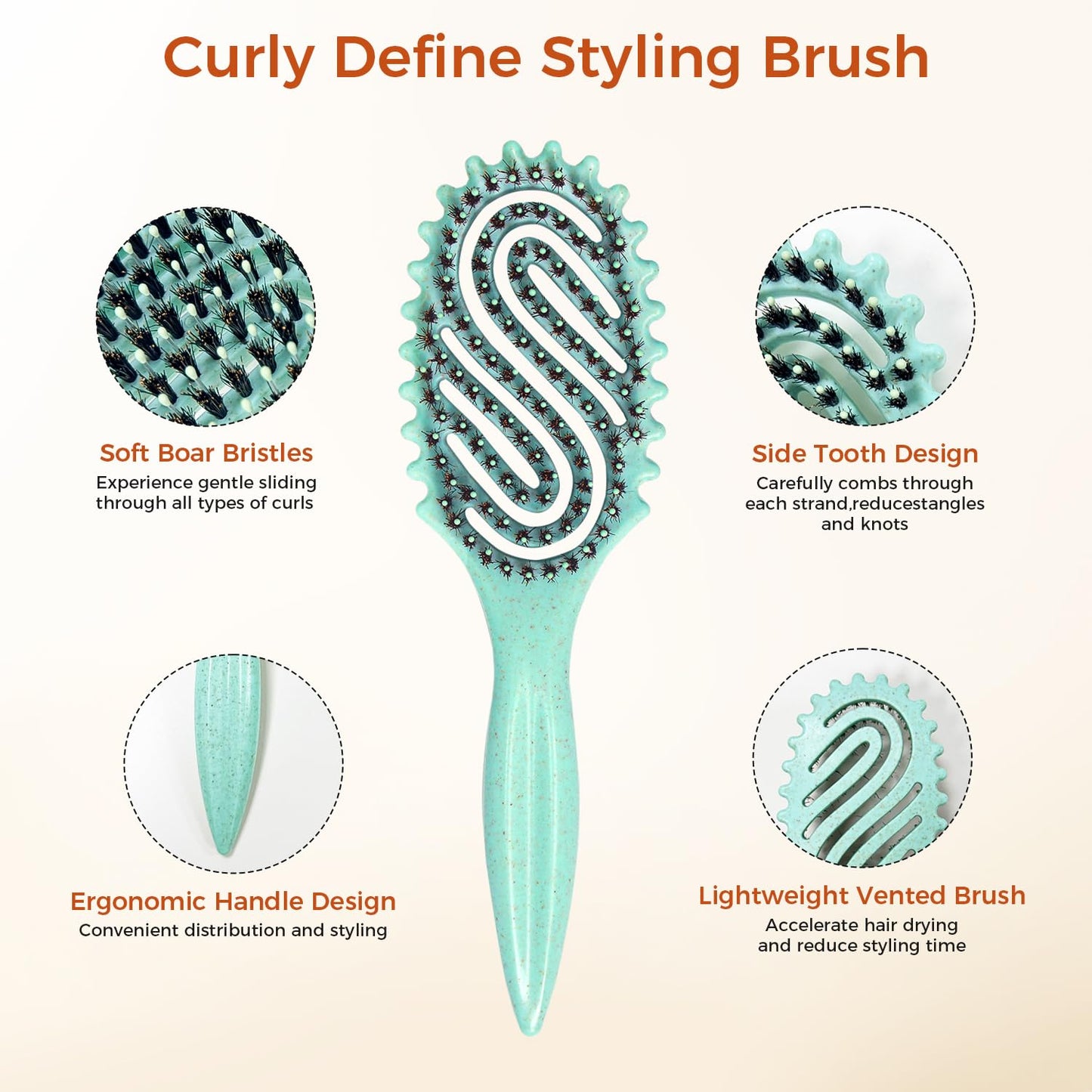 Curly Hair Brush, Curl Defining Brush with Soft Boar Bristles for Combing, Shaping, and Styling Curly Hair Suitable for All Women and Men with Wet & Dry Hair(Green)