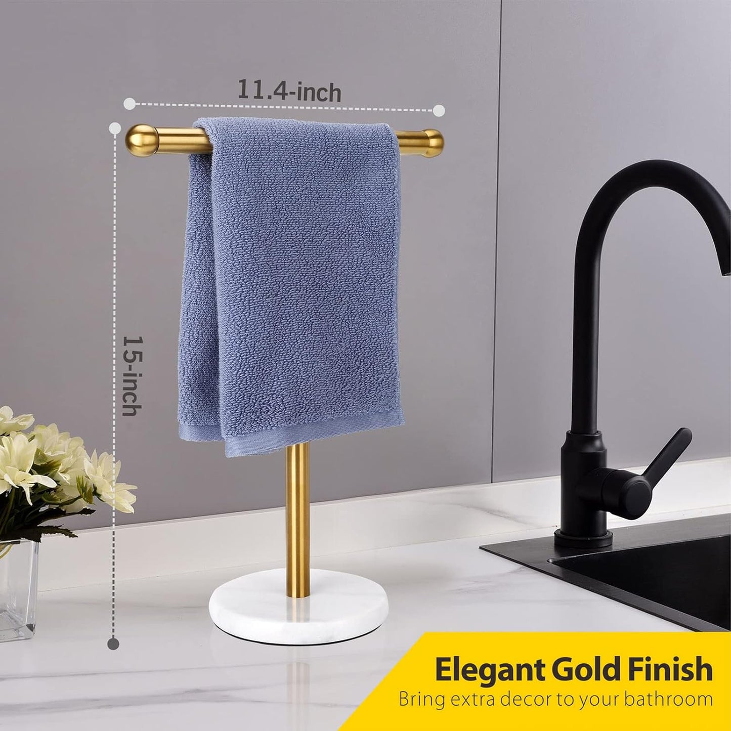 Gold Hand Towel Holder Stand with Heavy Marble Base, T-Shape Towel Rack, Free-Standing for Bathroom Vanity Countertop, 304 Stainless Steel (Gold)