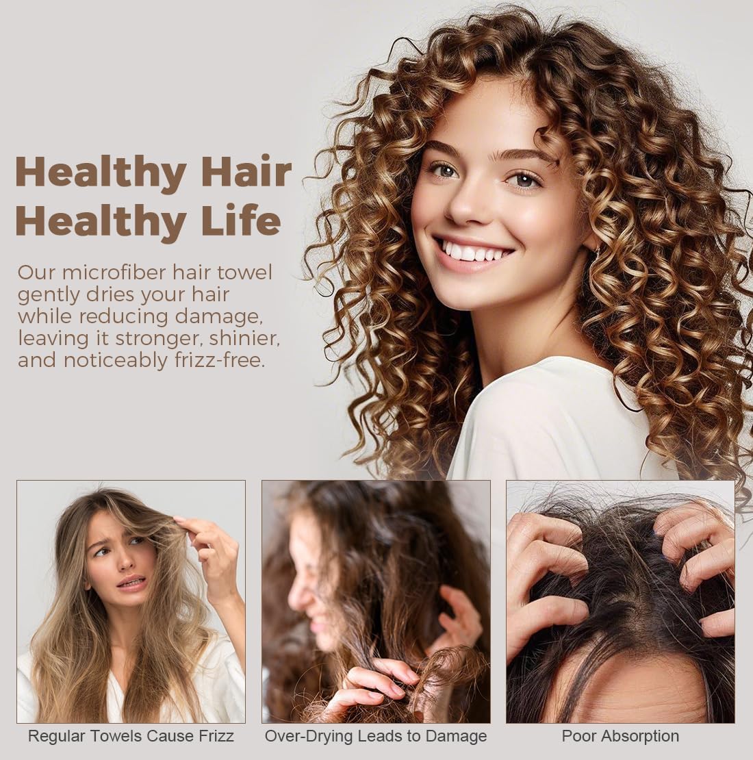 HOMEXCEL 2 Pack XL Microfiber Hair Towels Waffle Weave- 40 x 26.5 inches Fast Drying Turbans for Long, Thick, Curly Hair - Anti Frizz Wrap with Elastic Strap, Black/Grey