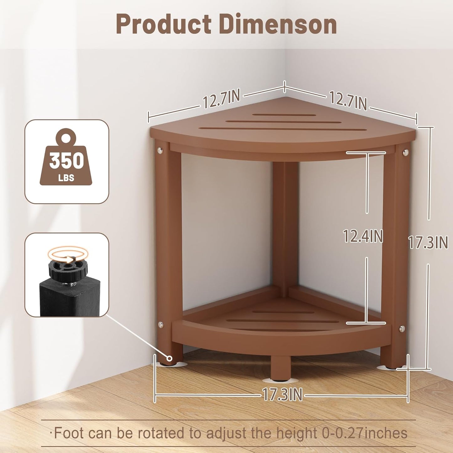 Shower Stool for Inside Shower, Corner Shower Bench Seat, HDPE Waterproof Shower Stool for Shaving Legs with Baffle Storage Shelf, Shower Seat/Foot Rest for Bathroom, Indoor/Outdoor Use, Teak