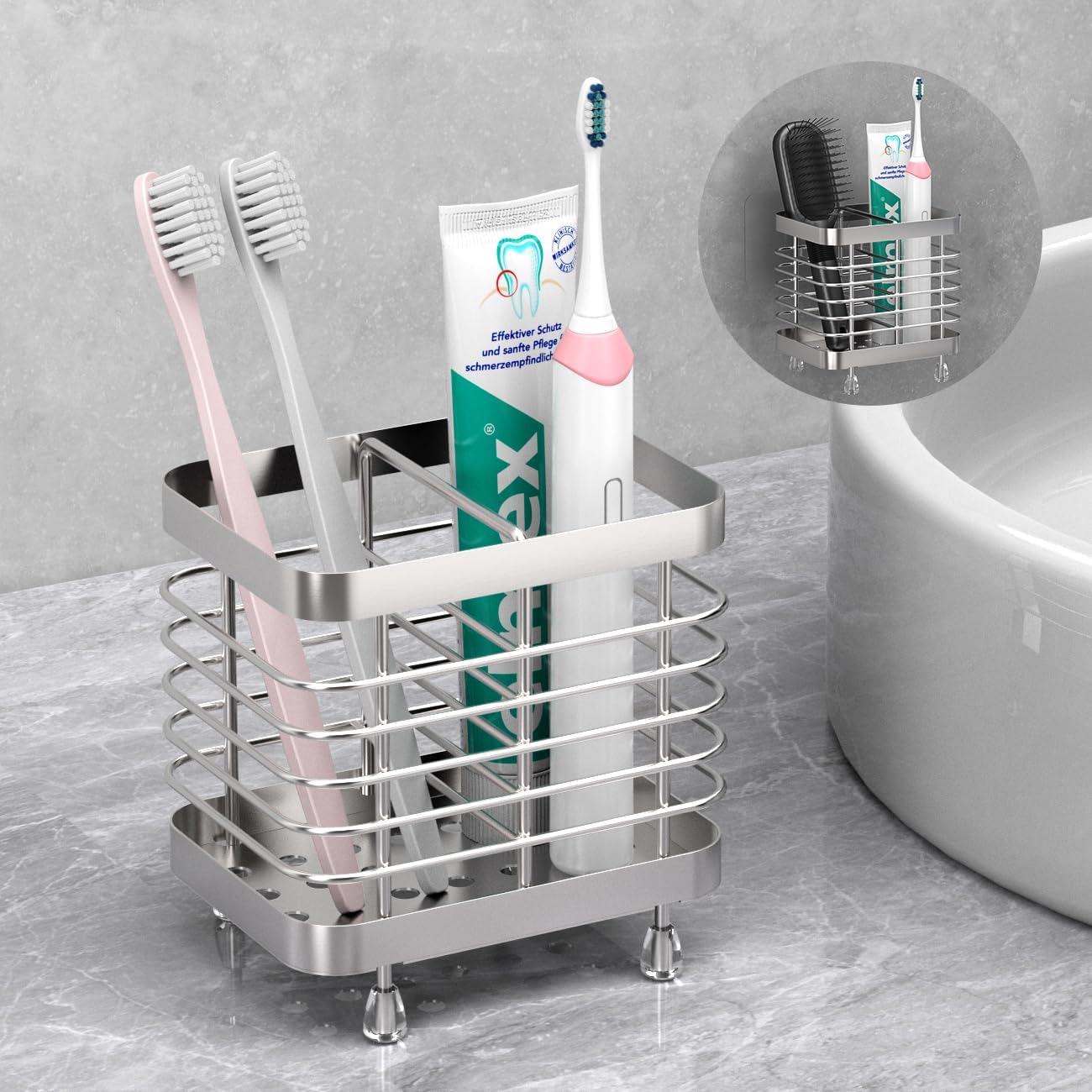 Luxspire Toothbrush Holders for Bathroom, Stainless Steel Electric Toothbrush Holder Wall Mounted, Shower Toothbrush Toothpaste Holder, Bathroom Organizer Essentials, 2 Slots, Silver