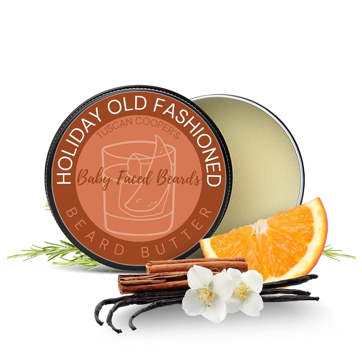 Tuscan Cooper's Baby Faced Beards Butter for Men - Moisturizing Beard Balm Cream and Softener for All Hair Types Including Coarse Hair - 4oz Hydration and Conditioning Care - Holiday Old Fashioned