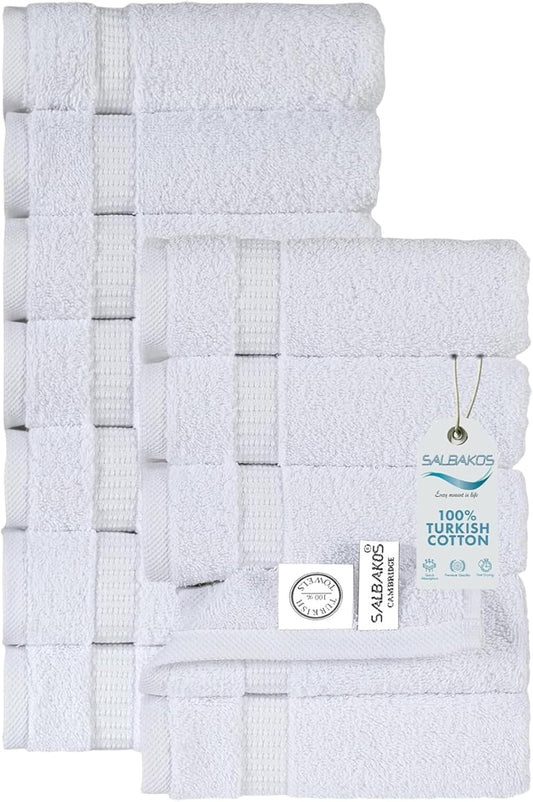 SALBAKOS 100% Turkish Cotton Washcloth Set of 12 13x13 inch | Heirloom Quality | Hotel & Spa Collection | Ultra Soft, Super Absorbent, Washcloth Towels | Made in Turkey (White, 12 Washcloths)