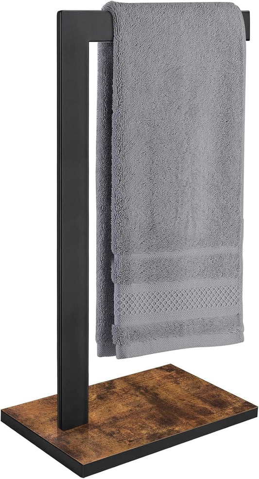 Hand Towel Holder for Bathroom, Hand Towel Stand with Wood Base, L-Shape Hand Towel Rack Height 16.3'' for Vanity Countertop, Kitchen Counter, (Rustic Brown-Square Base-L Shape)