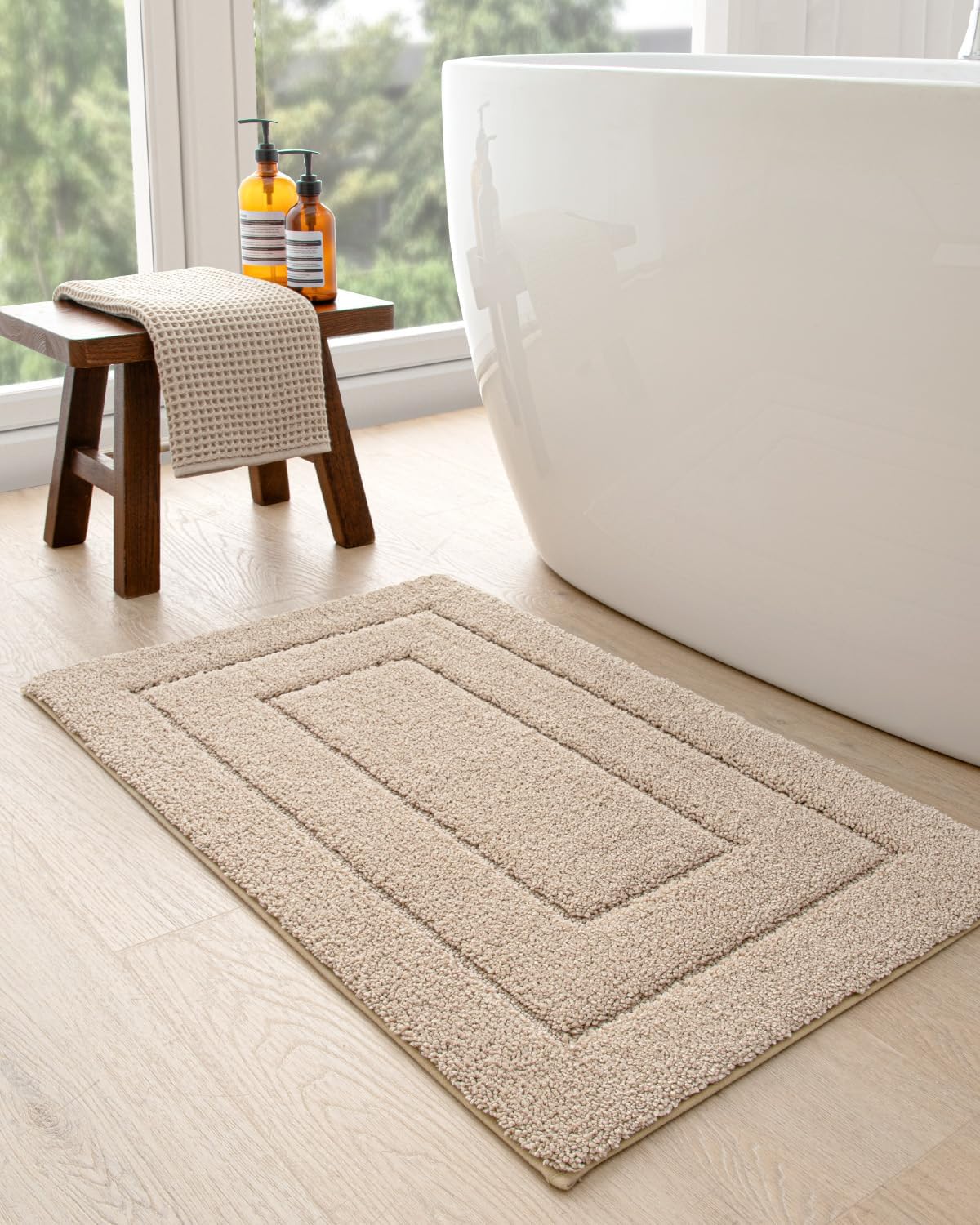 DEXI Bathroom Rug 24x16, Non Slip Washable Bath Mat for Shower Floor, Absorbent Soft Bathmat with Rubber Backing, Quick Dry Microfiber Carpet, Beige