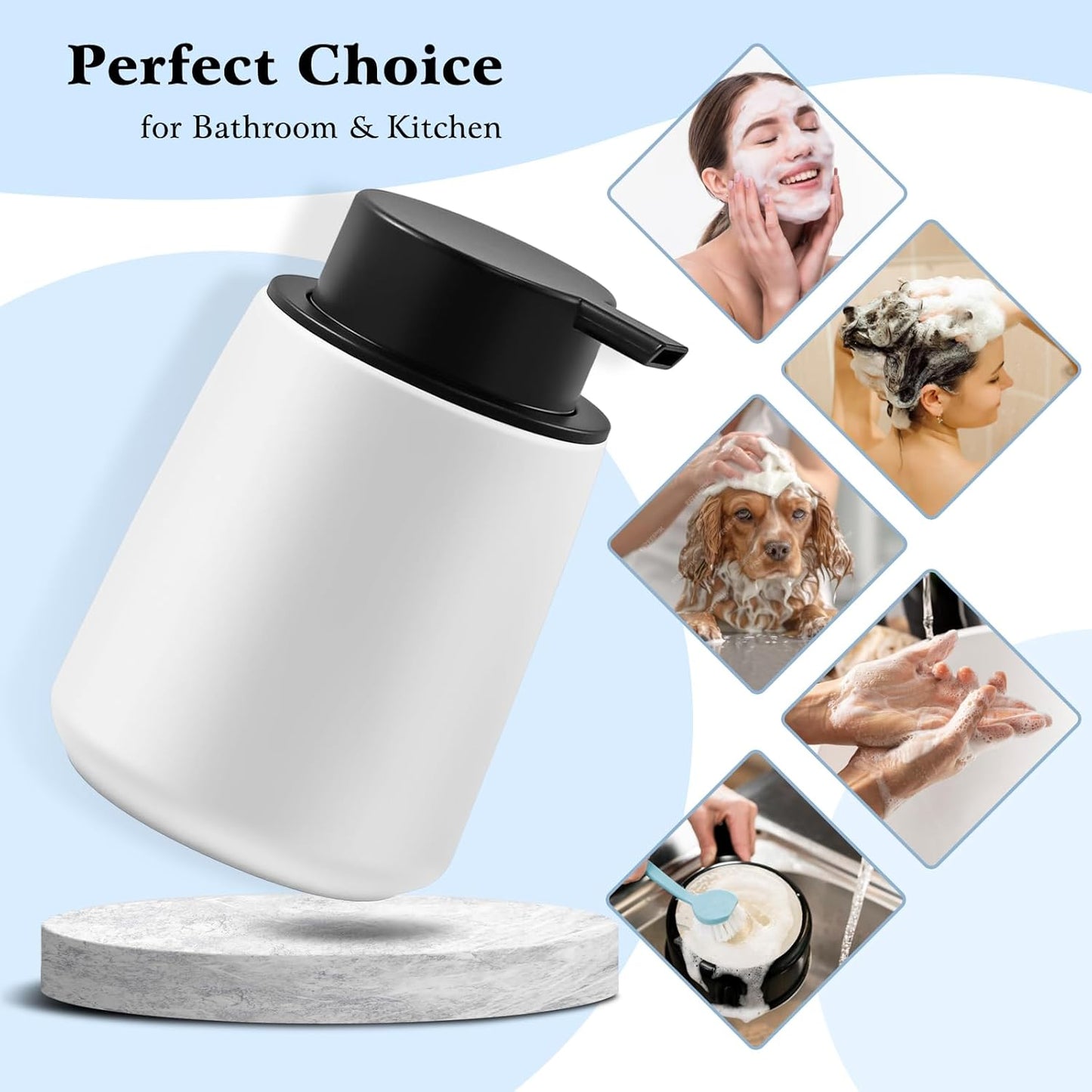 Ceramic Foam Soap Dispenser 2 Pack, 12oz White Lotion Hand Sanitizer Soap Dispenser with Easy-to-Press Pump for Bathroom & Kitchen Countertop Refillable