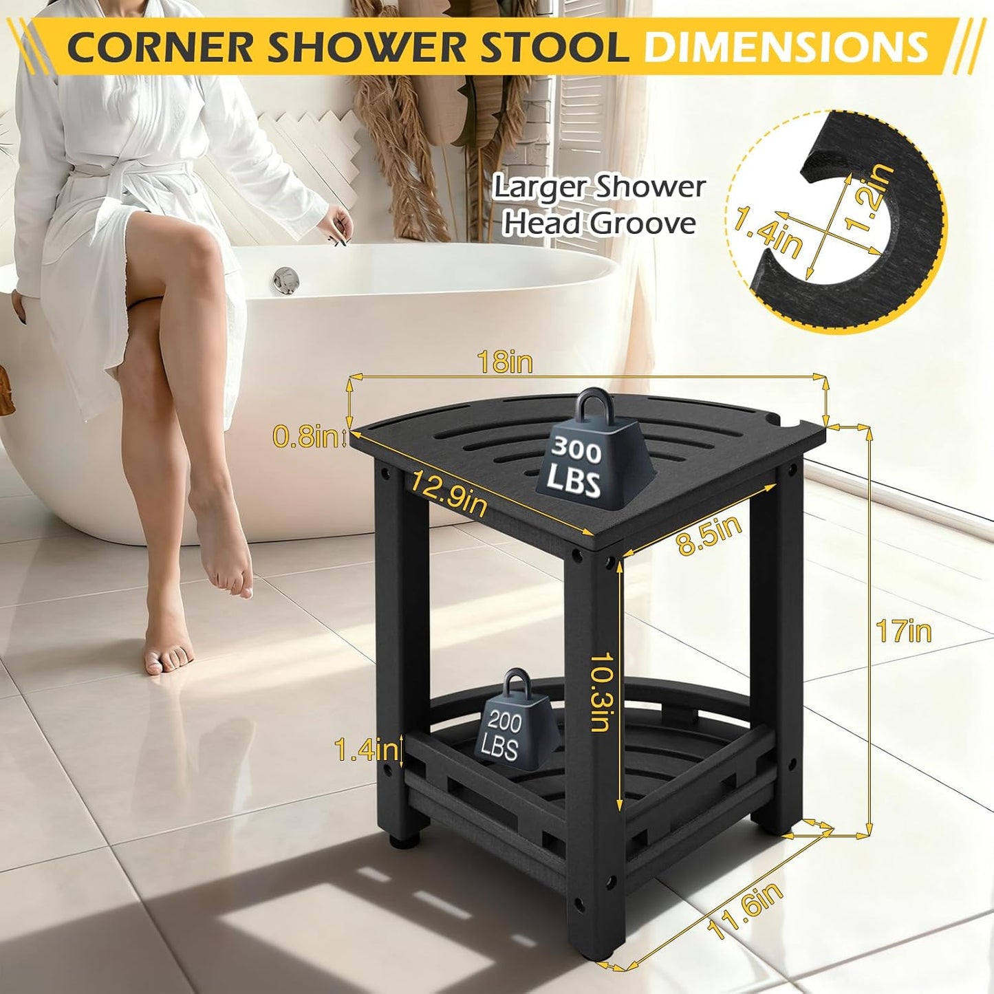 HDPE Corner Shower Stool for Shaving Legs, Waterproof Shower Stool with Storage Shelf for Bathroom,Black