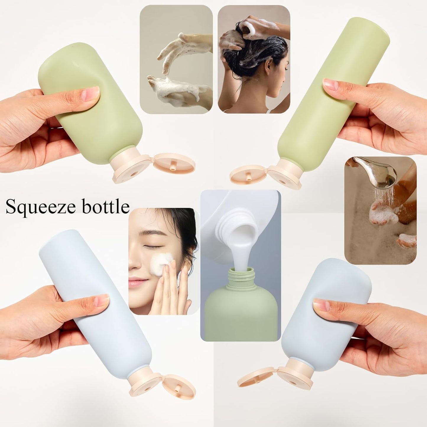 Qeuly Squeeze Bottles with Pump Dispenser and Flip Cap, 6.8 oz Refillable Travel Containers for Toiletries, Plastic Travel Shampoo and Conditioner Bottles (Blue 200)