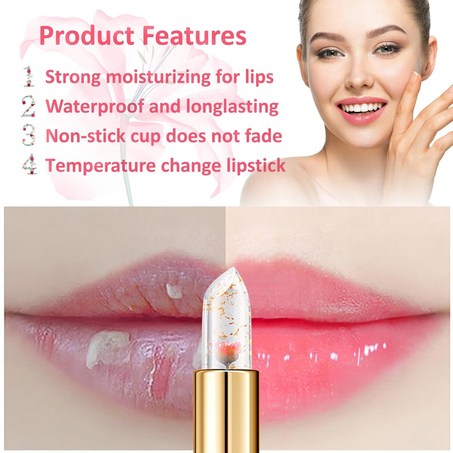 2 Pack Crystal Flower Jelly Lipstick,Magic Color Changing Lipstick,PH Clear Temperature Color Changing Lip Gloss,Lip Balm,Long Lasting Nourishing Moisturizing Lip Stick Set H02+03