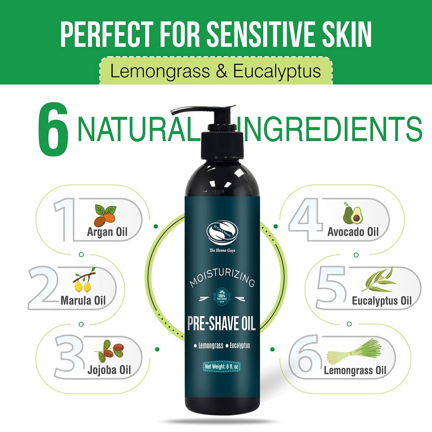 The Henna Guys 8 fl. Oz, Lemongrass & Eucalyptus Pre Shave Oil for Men, Premium Pre Shave Oil, Excellent Shaving oil for Men, Prepares for a burns free Shave, Works with Straight or Safety Razor