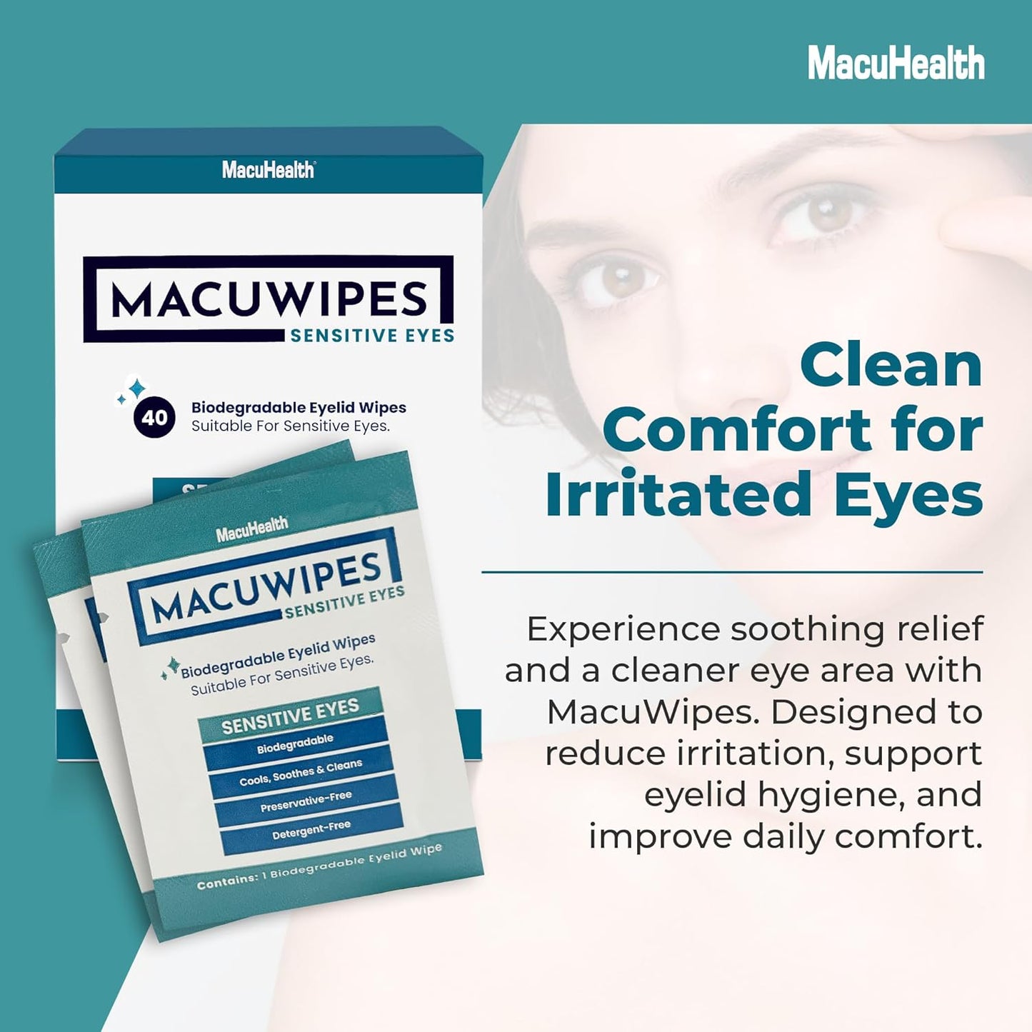 MacuHealth MacuWipes Sensitive - Pre-Moistened Eyelid Wipes for Dry, Sore & Gritty Eyes, Alcohol-Free, Rinse-Free Formula with Tea Tree Oil & Micellar Water, Individually Wrapped - 40 Count