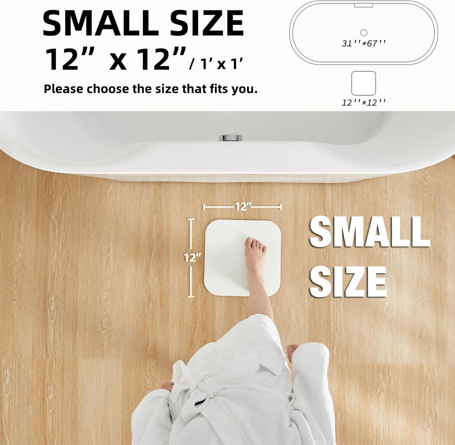 Small Bathroom Mat Quick Dry, Bathroom Rugs Non Slip Washable Thin Absorbent Bath Mat Fits Under Door Bathroom Floor Mat Perfect for Bath, Shower, or Sink 12"x12"/1'x1‘ White