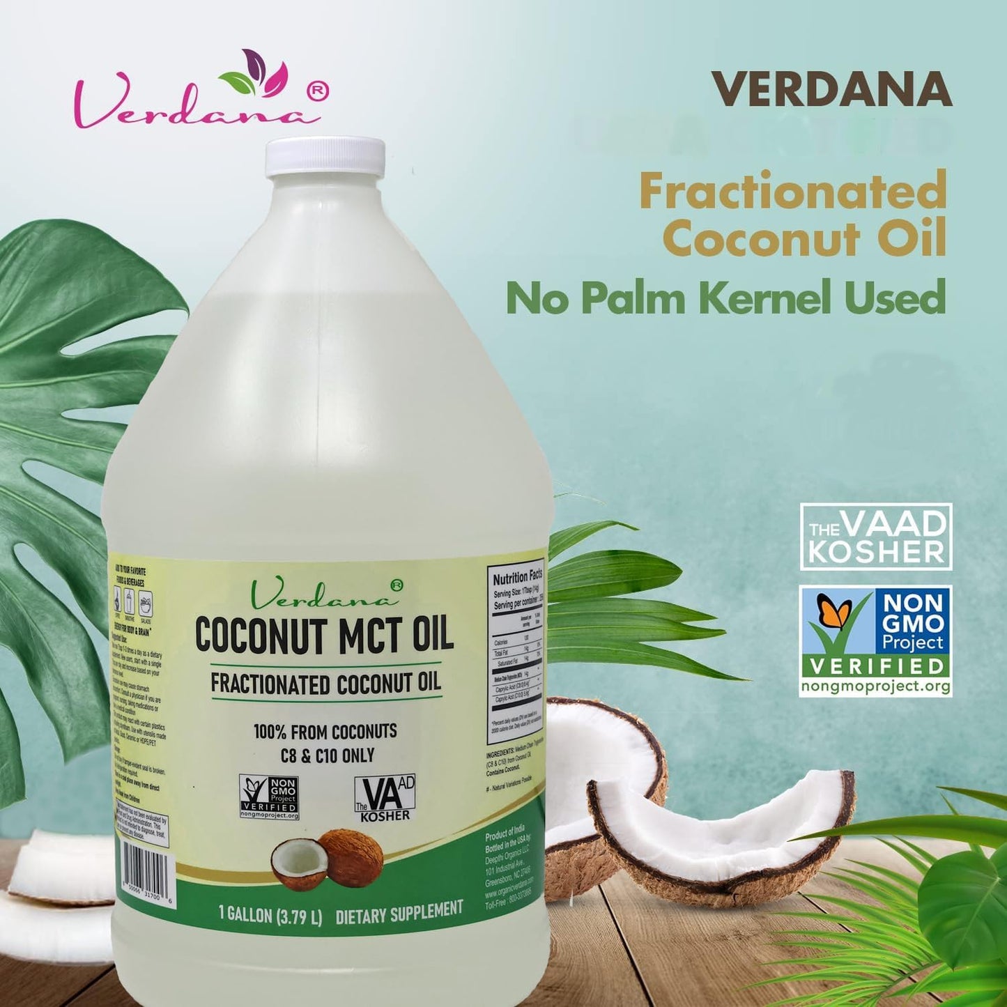 Verdana MCT Oil – 100% Coconut Derived – 1 Gallon - Kosher Food Grade – Vegan – NON GMO– Used for Keto, Paleo, Sports Nutrition, Aromatherapy, Massage, Ayurvedic Oil Pulling Oral Rinse Mouthwash