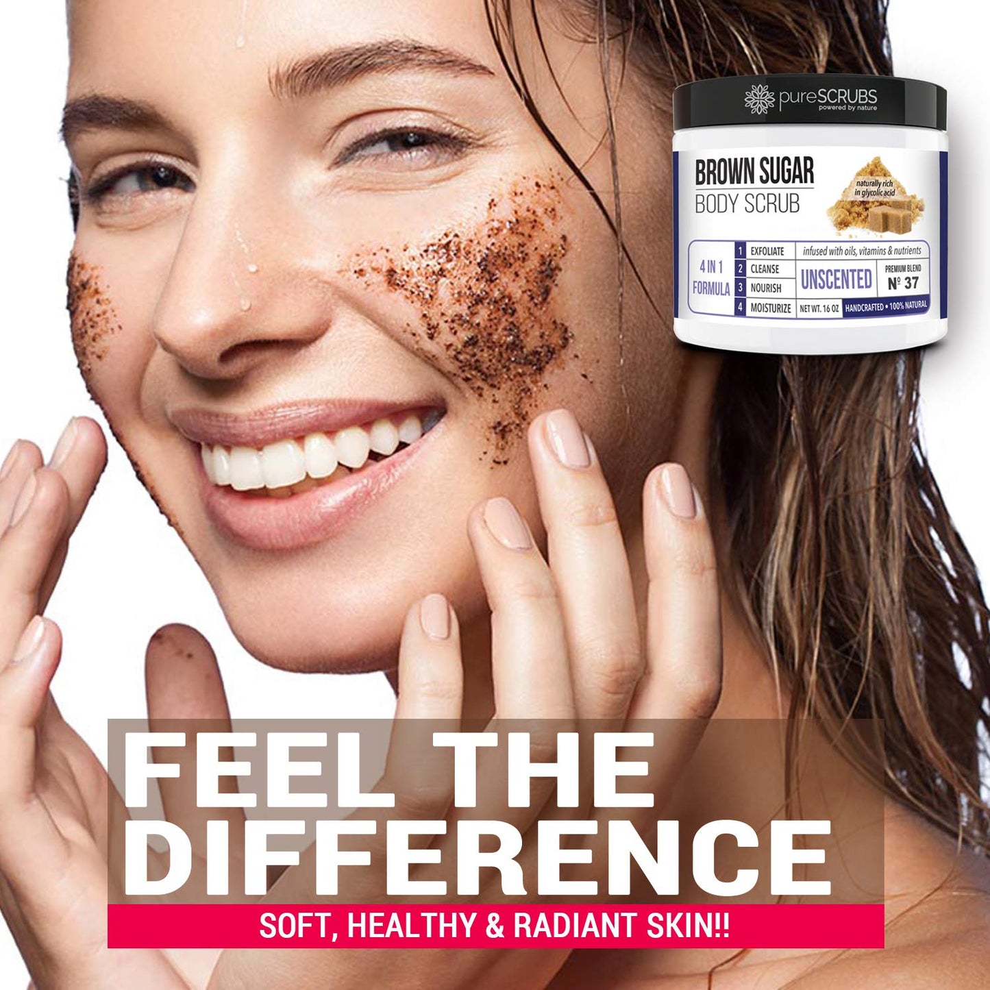 pureSCRUBS Premium Unscented Brown Sugar Body Scrub | Large 16oz Jar | Face, Feet & Full Body Scrub | Includes Wooden Spoon, Loofah & Mini Exfoliating Bar Soap