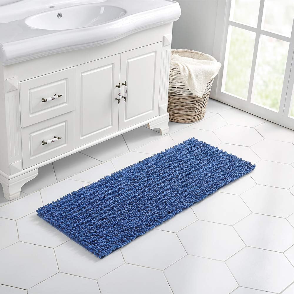Walensee Large Bathroom Rug Non Slip Bath Mat (24x60 Inch Dark Blue) Water Absorbent Super Soft Shaggy Chenille Machine Washable Dry Extra Thick Perfect Absorbant Best Plush Carpet for Shower Floor
