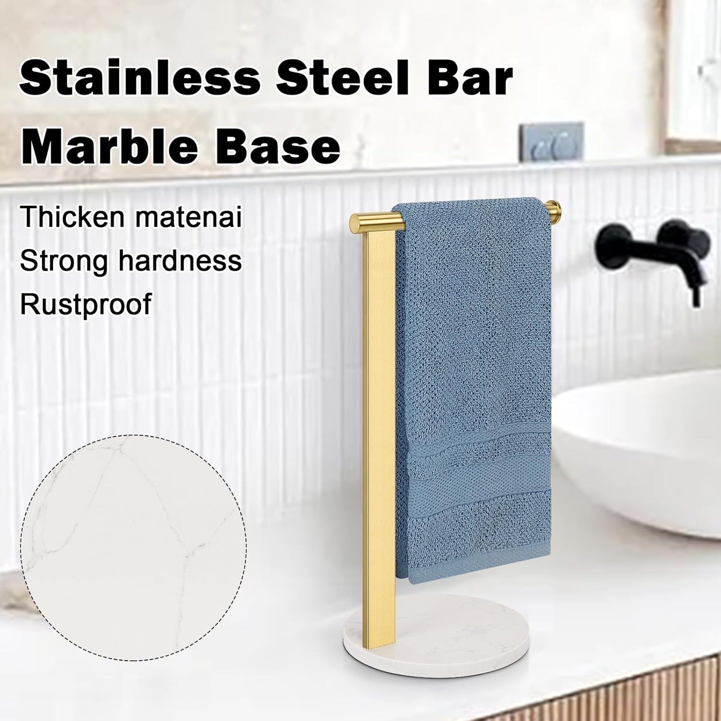 Stainless Steel L-Shaped Hand Towel Holder, SUS304 Bathroom Towel Rack with Thickened Base for Countertop Vanity (Gold)
