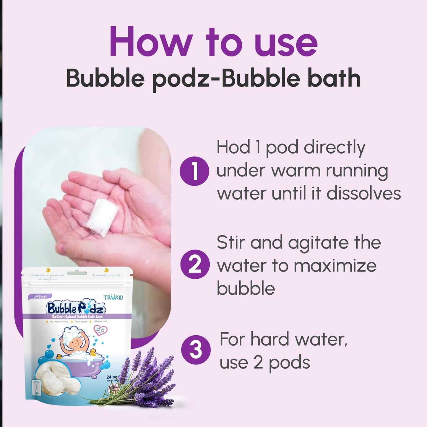 TruKid Bubble Podz & HyperGo Body Wipes Bundle - Lavender 20ct Wipes for Camping, Post Workout Bathing for Adults 12"x12" XL & Lavender 24ct Kids Bubble Bath for Toddlers 1-3, Baby & Kids