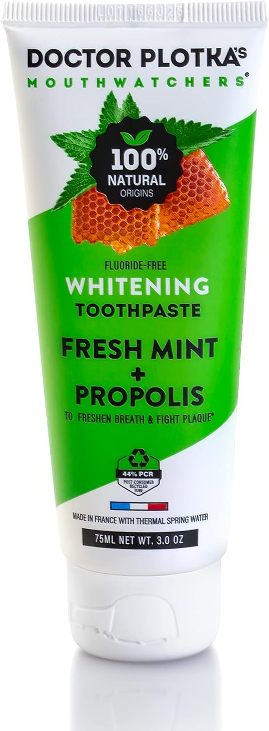 MOUTHWATCHERS Whitening Fluoride Free Naturally Sourced Toothpaste, 3 oz Tube, for Sensitive Teeth and Gums, Organic, SLS Free, Fresh Organic Mint and Propolis, by Dr. Plotka's
