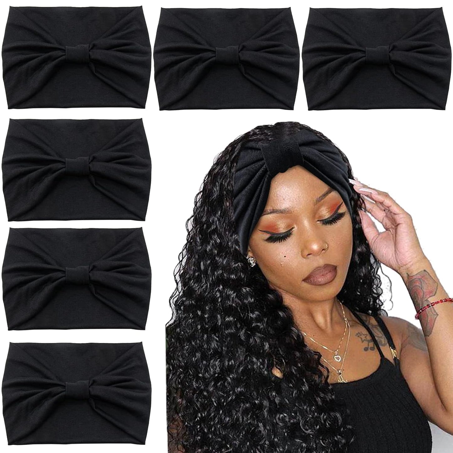 Yeshan Black Wide Turban Headbands for Women - 6 Pack Knotted Boho Thick Head Wraps, Large African Sport Yoga Hairbands