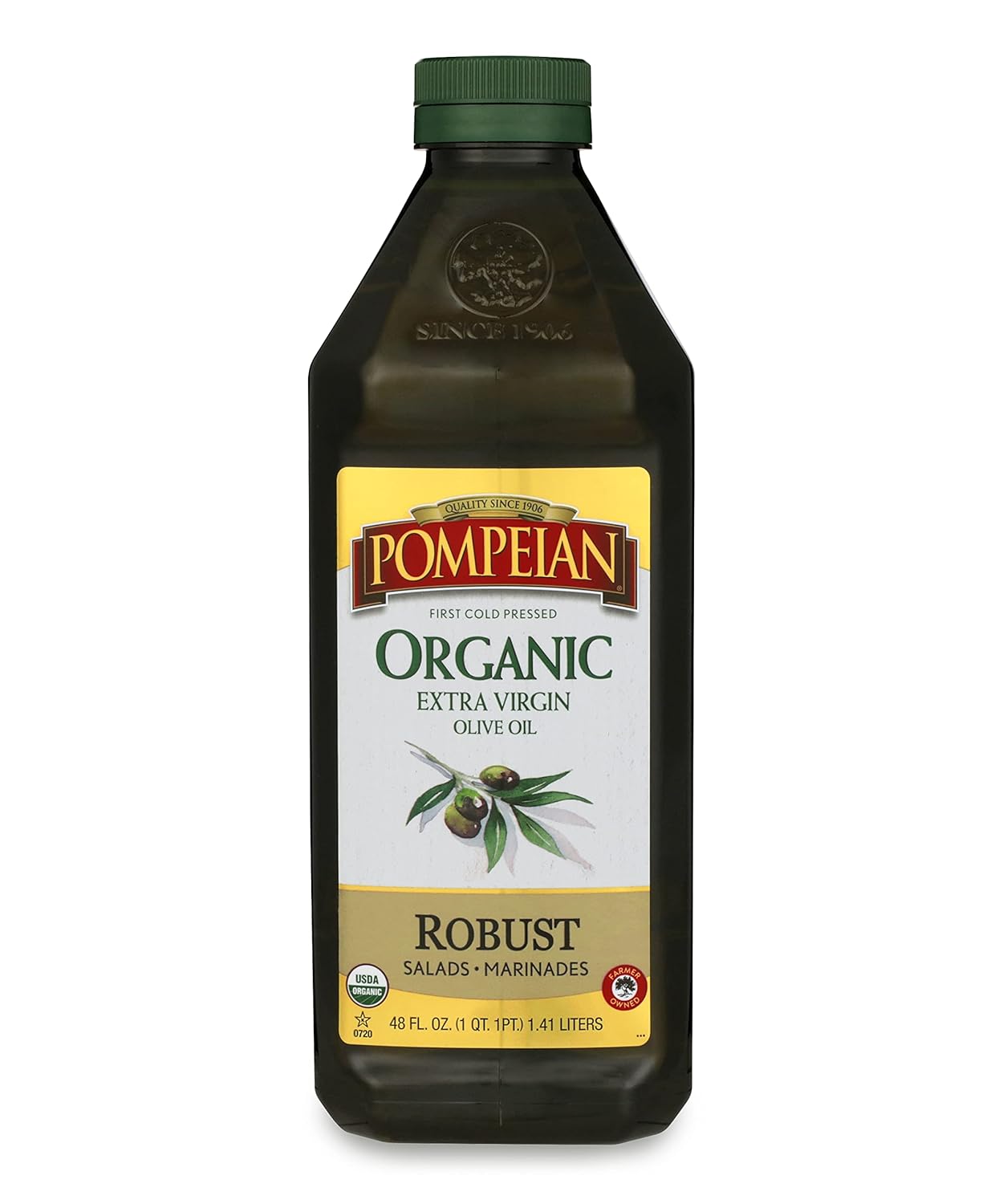 Pompeian USDA Organic Robust Extra Virgin Olive Oil, Contains Polyphenols, First Cold Pressed, Full-Bodied Flavor, Perfect for Salad Dressings & Marinades, 48 FL. OZ
