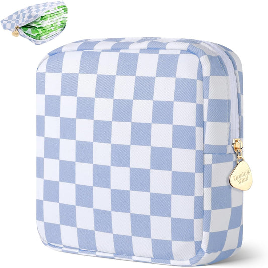 Desing Wish Period Bag Pouch Soft Cloth Sanitary Napkin Storage Bag Portable Menstrual Pad Pouches Tampon Holder for Purse First Period Kit for Girls 9-12 (Blue-White Check)