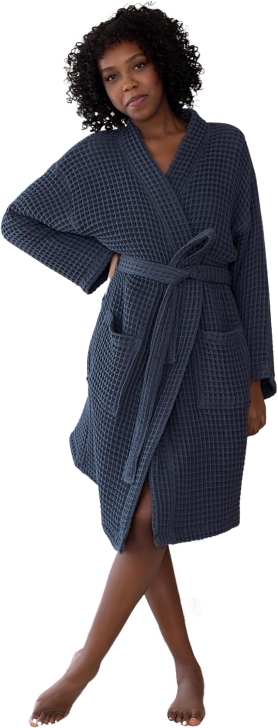 Womens Kimono Waffle Robe - Lightweight 100% Turkish Cotton Housecoat for All-Day Lounging - Bathrobe for Shower