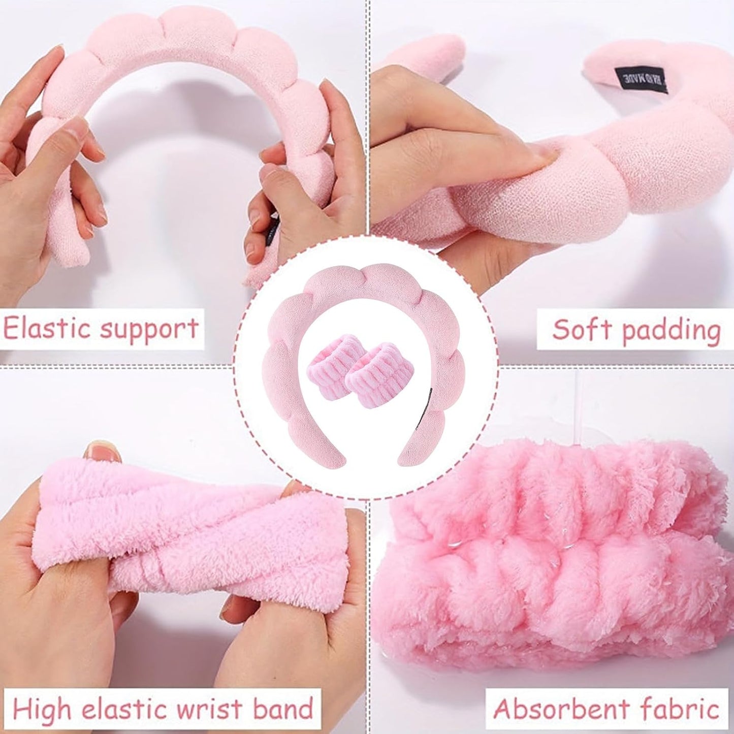 Spa Headband and Wristband Set for Women,Terry Cloth Sponge Headband for Washing Face,Makeup,Facial Mask and Skincare (Black,Pink, One Size)
