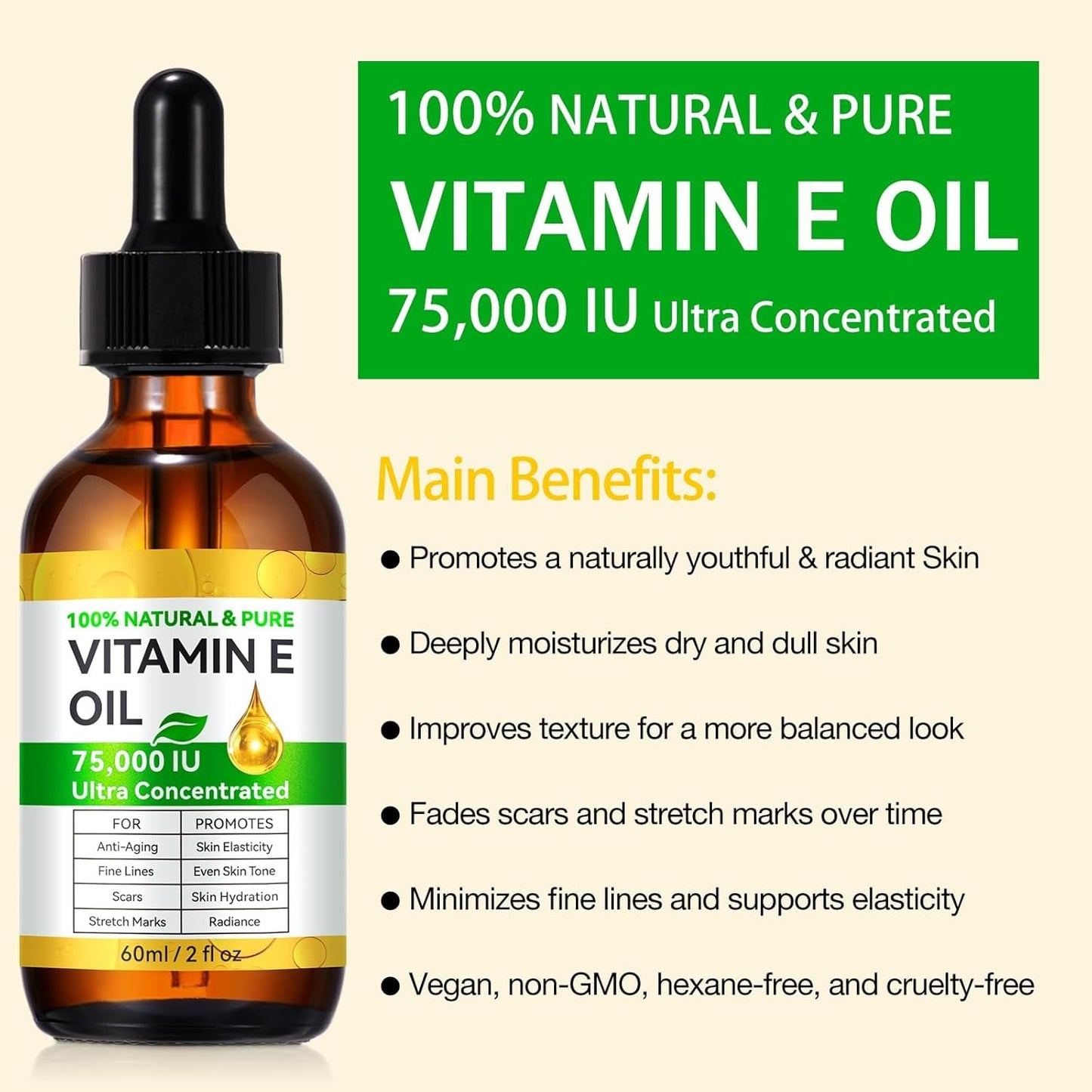 Vitamin E Oil Blend 75,000 IU, Vitamin E Oil for Skin, Face and Scars, Body Bath Oils Moisturizing Dry Skin, Easy to Absorb, 2Fl Oz (Pack of 2)