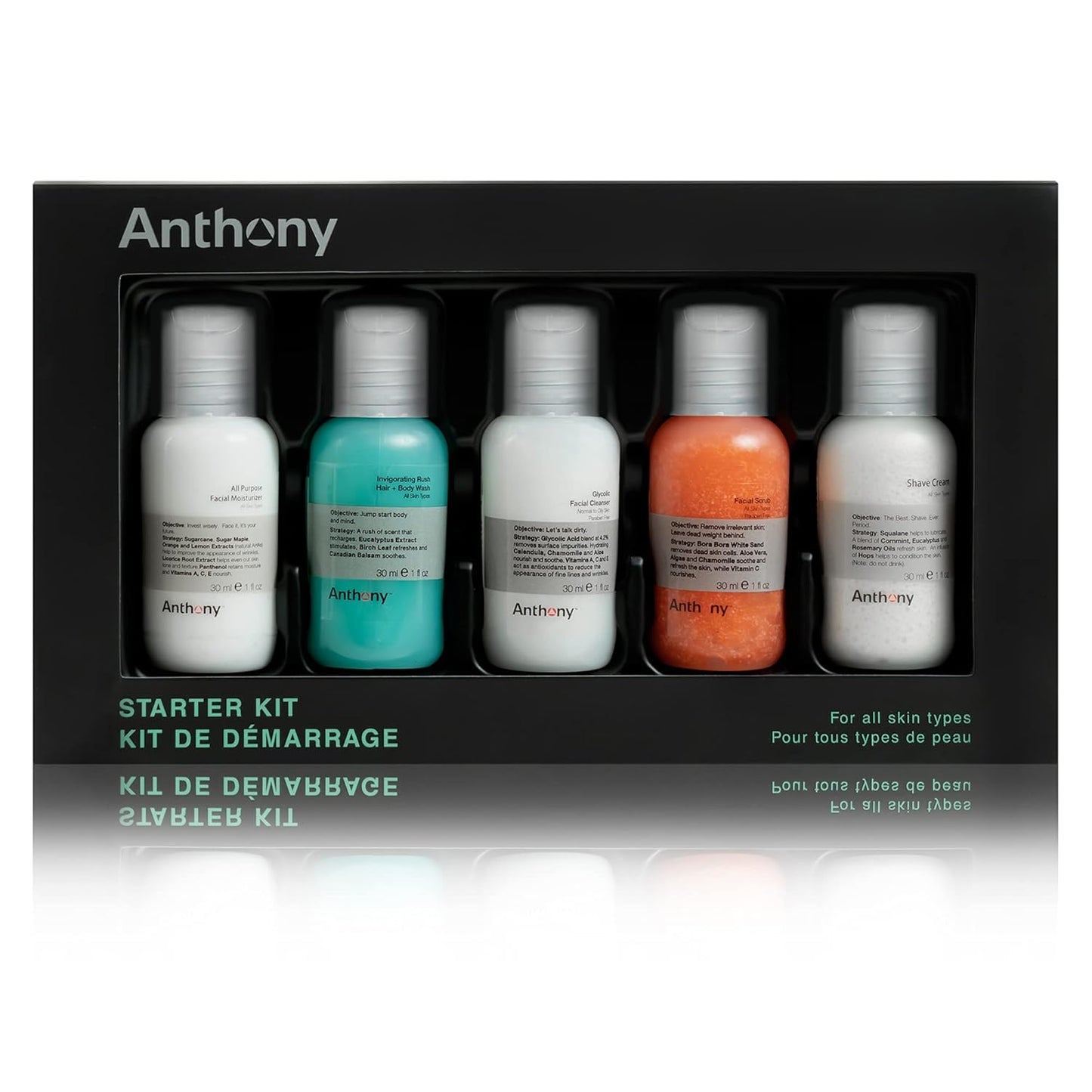 Anthony Starter Kit, 5 Count, Glycolic Facial Cleanser, Facial Scrub, All Purpose Facial Moisturizer, Invigorating Rush Hair & Body Wash, Shave Cream