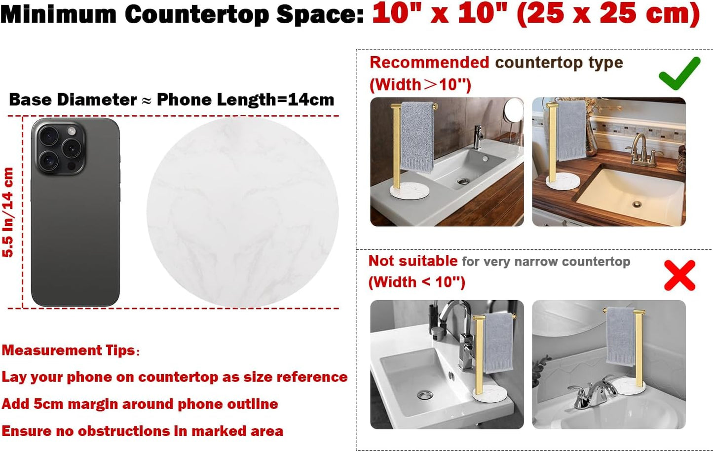 Hand Towel Holder Stand for Bathroom, L- Shaped Standing Hand Towel Rack, Towel Bar Kitchen Vanity Countertop Organizer, SUS304 Stainless Steel Material (Marble Base, Gold)