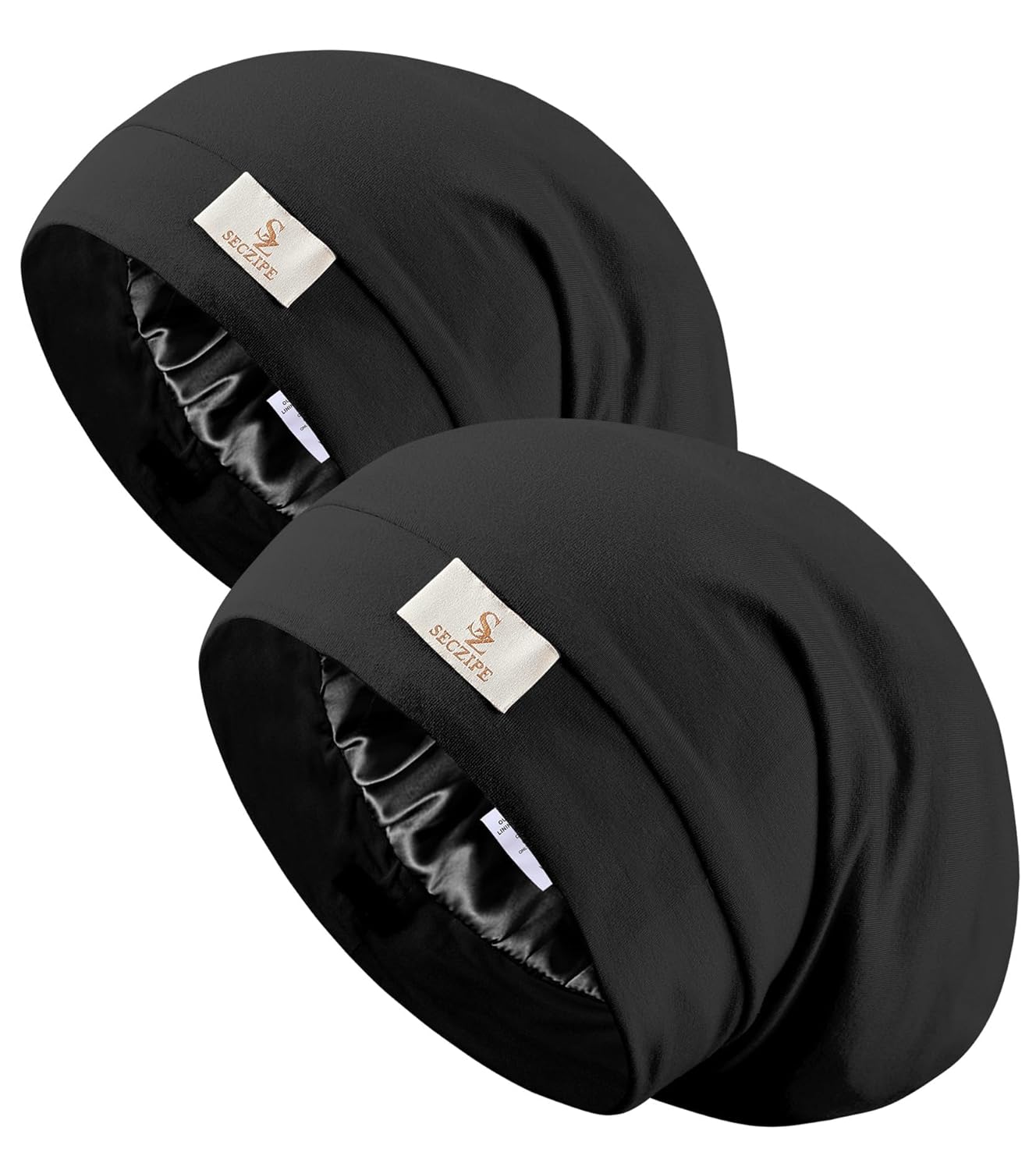 2pcs Silk Satin Bonnet Hair Wrap for Sleeping, Adjustable Strap Curly Natural Hair Night Caps for Women Men(Black&Black)
