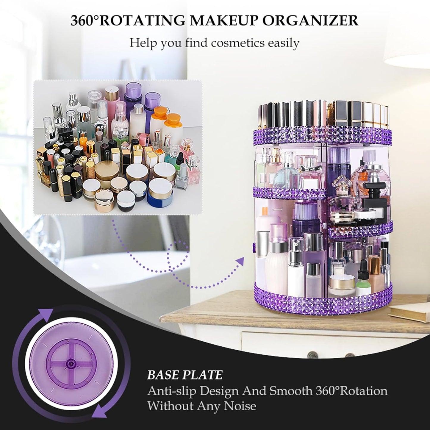 360 Degree Rotating Makeup Organizer, Extra Large Capacity Cosmetics Organizer, Removable 7 Layers Skincare Organizers, Spinning Perfume Organizer, Dresser Organizer Countertop (Purple)