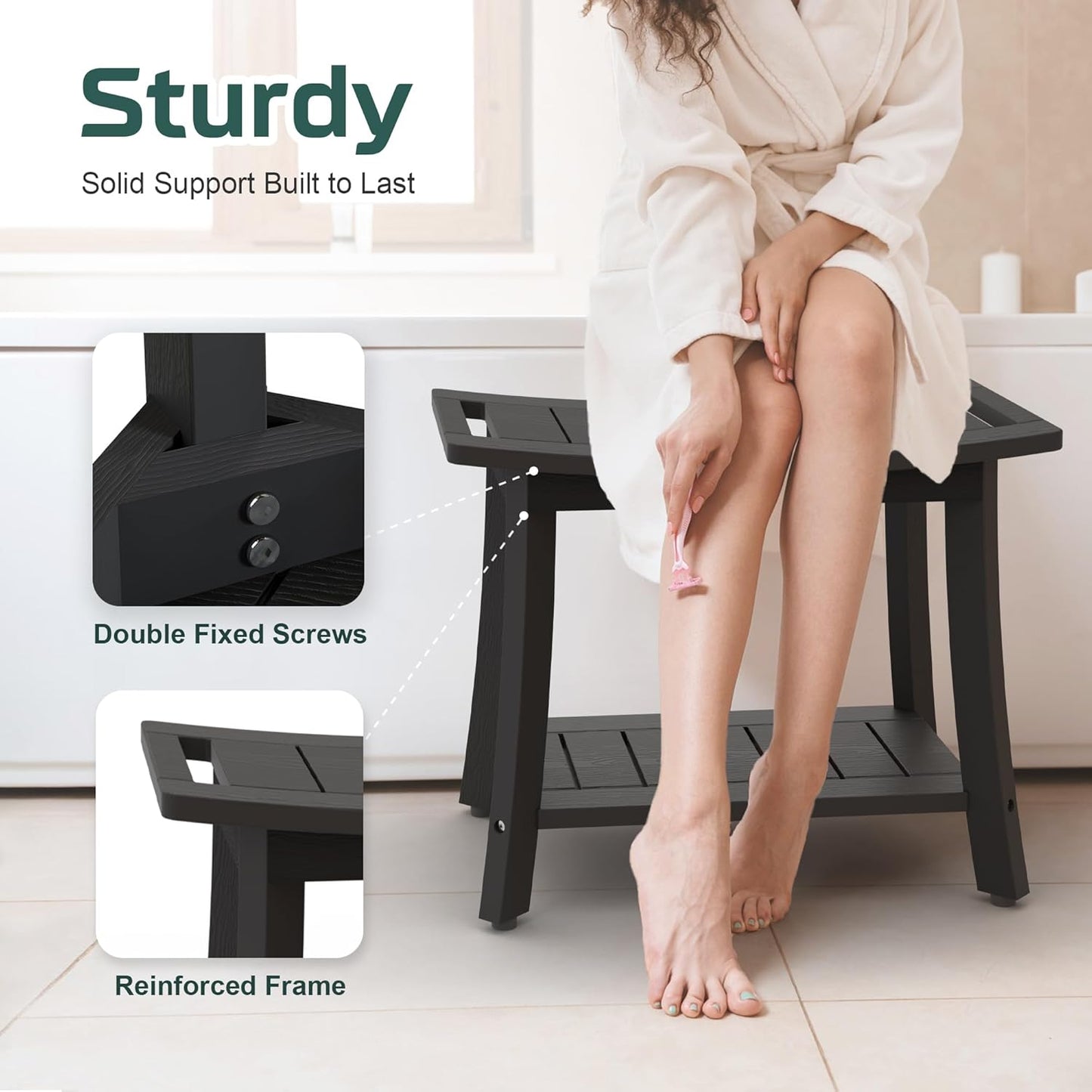 HIPS Shower Benches for Inside Shower, Waterproof Shower Stool with Storage Shelf & Adjustable Feet, SPA Bathroom Seat Chair for Shaving Legs, Indoor or Outdoor Use, Black